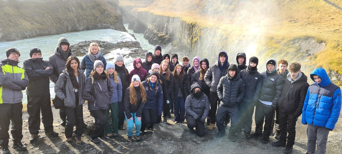 RushcliffeGeog's tweet photo. A refreshing way to kick-start the day, with a couple of waterfall visits, beginning with Seljalandsfoss where we walked behind the falls, clearing away any early morning bleariness, followed by the spectacular Gulfoss in gorgeous (for Iceland) weather https://t.co/9xqt5pHV6r