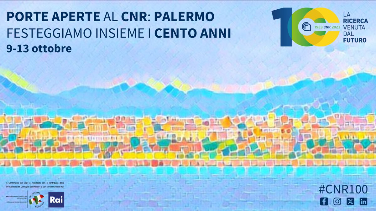 CNR Consiglio Nazionale delle Ricerche (@cnrsocial_) on Twitter photo 💯 #CNR100 1923-2023 #centenarioCNR
📌9-13 ottobre a #Palermo
Porte aperte al #CNR: Palermo festeggiamo insieme i cento anni.
Eventi divulgativi per valorizzare le attività scientifiche e avvicinare i giovani alle discipline #STEM
Info👇
centenario.cnr.it/evento/porte-a…
<a href="/MC_Carro/">MariaChiara Carrozza</a> 💯 #CNR100 1923-2023 #centenarioCNR
📌9-13 ottobre a #Palermo
Porte aperte al #CNR: Palermo festeggiamo insieme i cento anni.
Eventi divulgativi per valorizzare le attività scientifiche e avvicinare i giovani alle discipline #STEM
Info👇
centenario.cnr.it/evento/porte-a…
<a href="/MC_Carro/">MariaChiara Carrozza</a>