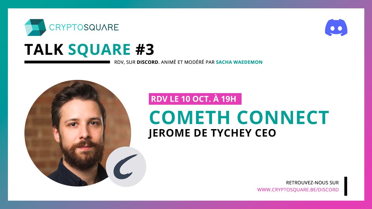 Cryptosquare_be's tweet image. 🚀 Hey la team ! 
Pour notre 3e AMA le 10/10, on reçoit @jdetychey, CEO de @Cometh, pour parler de Cometh Connect ! 🌠 @Sachawb animera la soirée ! 🎙️ 
Rdv à 19h sur Discord ! 🕖 discord.gg/uv3utMrg?event…