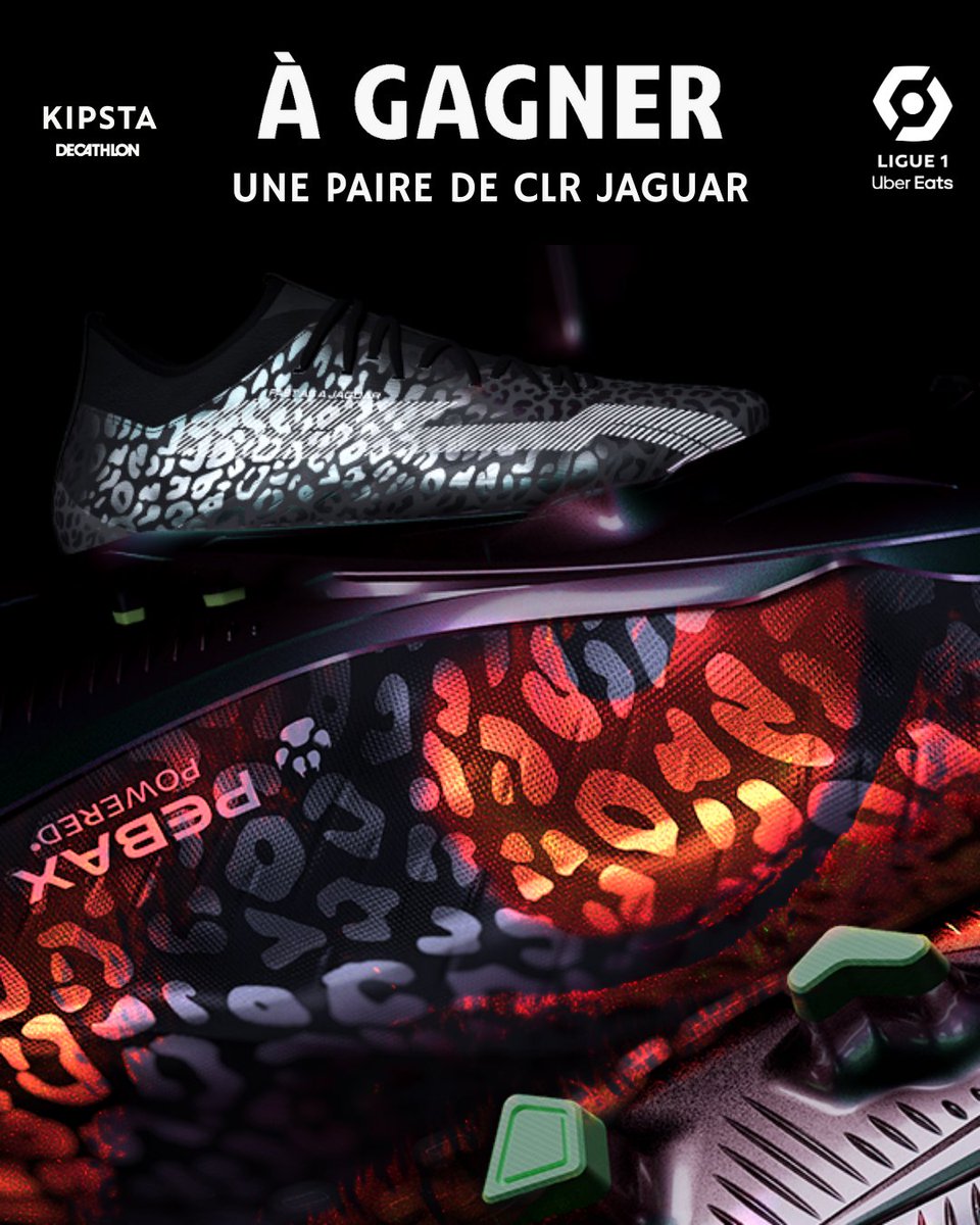 Ligue1's tweet photo. Tentez de remporter la CLR Jaguar*, la nouvelle paire de crampon en édition limitée produite par Kipsta Football 👟 🐾

✔️ RT &amp; Follow @Ligue1UberEats  &amp; @Kipsta_Fr
✔️ Mentionnez votre club favori en commentaire
*Édition limitée à 2500 unités https://t.co/y8TZ6MHYK5