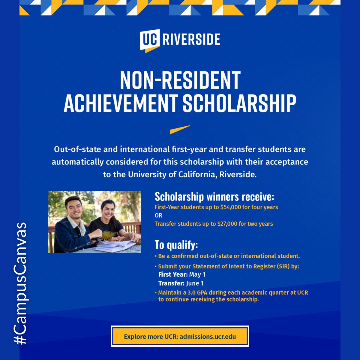 University of California Riverside: Ranked in the *top 15 public universities*, and 2nd in social mobility. *UCR offers MERIT SCHOLARSHIP up to $54k for 4 years* to International Students? Find out more here, and complete your *UC Application* before the *deadline - Nov 30th*