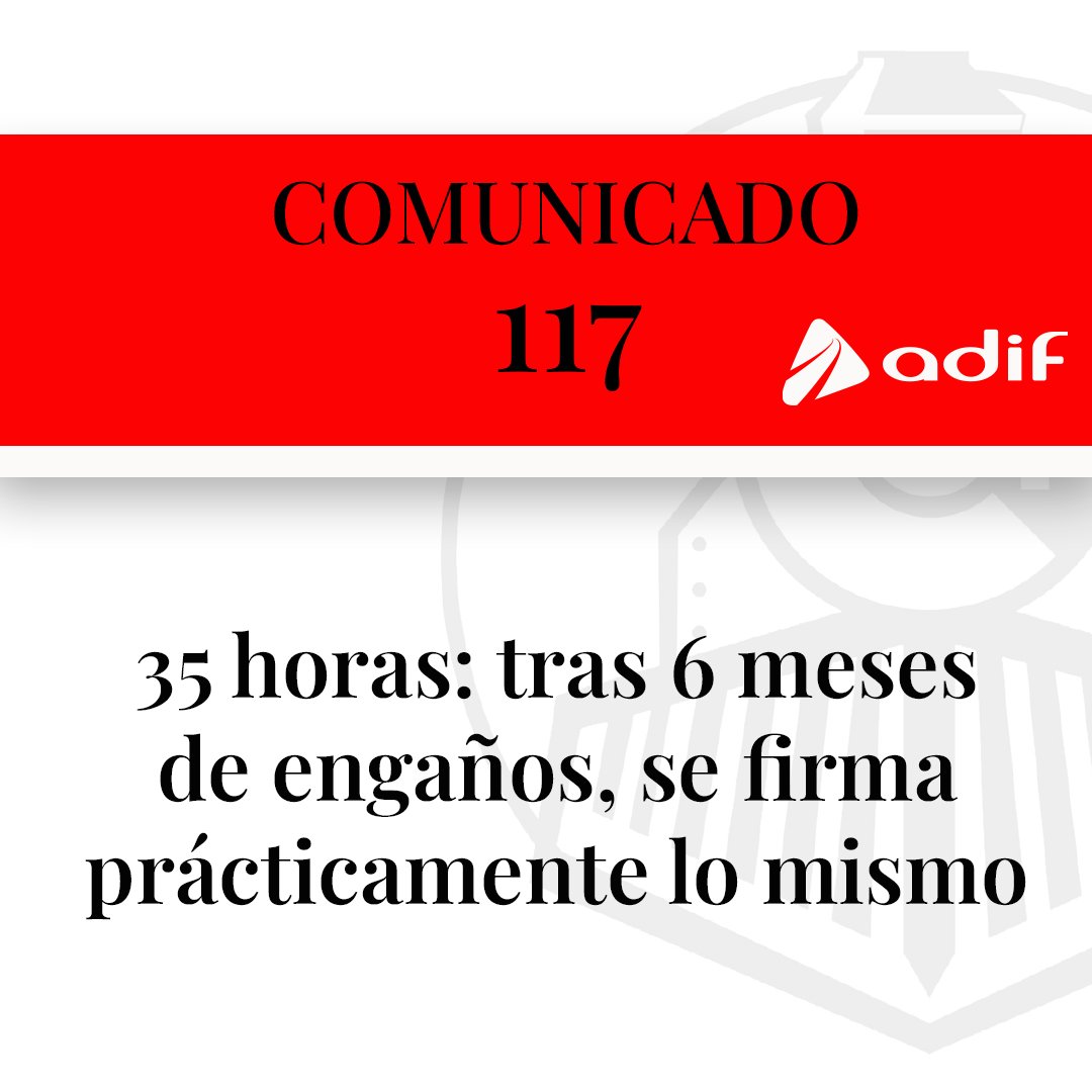 Seis meses mareando la perdiz. Y al final han firmado lo que había desde el principio. CCOO, UGT y SCF han obviado más de 3.000 firmas recogidas por CGT reclamando la aplicación de las 35 h en días. Necesitamos un nuevo convenio. Lee el Comunicado en bit.ly/AdifComunicado…  @cgt