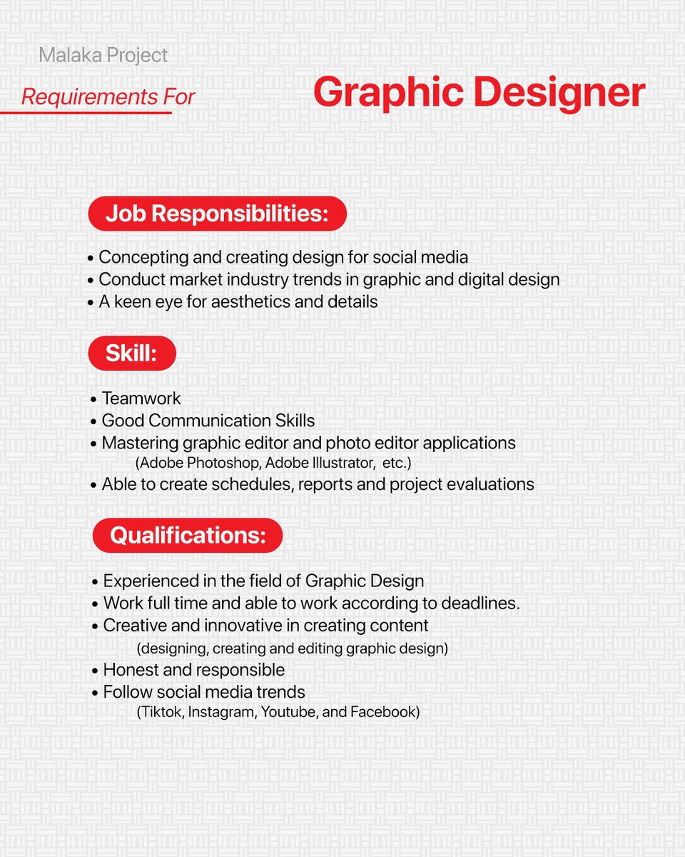 📣Malaka Memanggil📣

Malaka Project mencari #GraphicDesigner  

Yuk kirim CV &amp; Portofolio kamu ke email rekrutmen@malakaproject.id
Cc: fellycia@malakaproject.id

Ayo jadi bagian tim Malaka Project✊🏻
#Loker #LokerJakarta