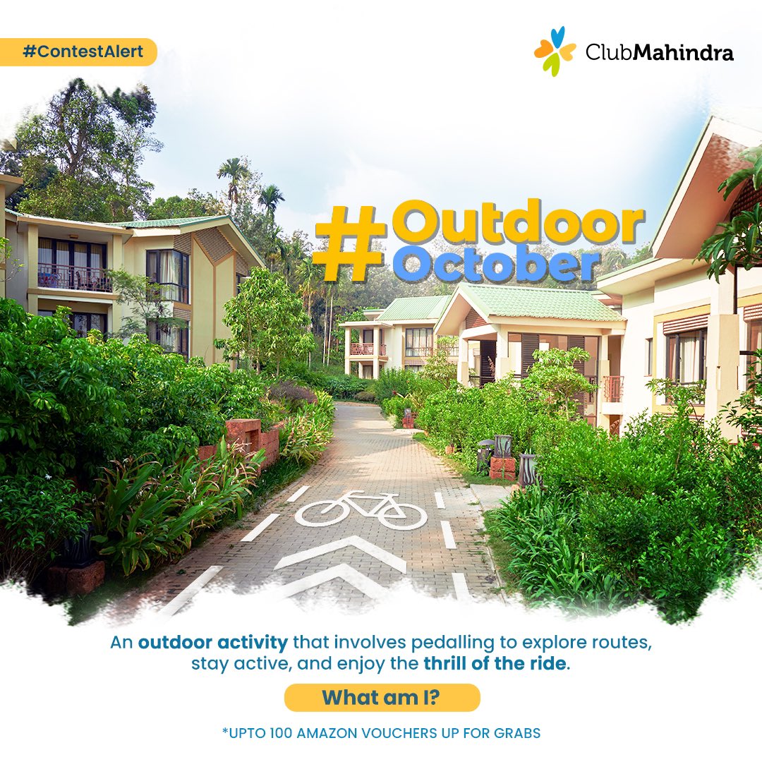 clubmahindra's tweet photo. #ContestAlert​
Participate in all #OutdoorOctober contest posts &amp; win.​
​Steps
1) Commenting using #OutdoorOctober &amp; @clubmahindra is mandatory​​.

2) Participate in all 9 contest posts

Winners get *Amazon vouchers worth INR 500 each.​​

​LAST DATE: 31st October'23 https://t.co/fwiHXvNK9d