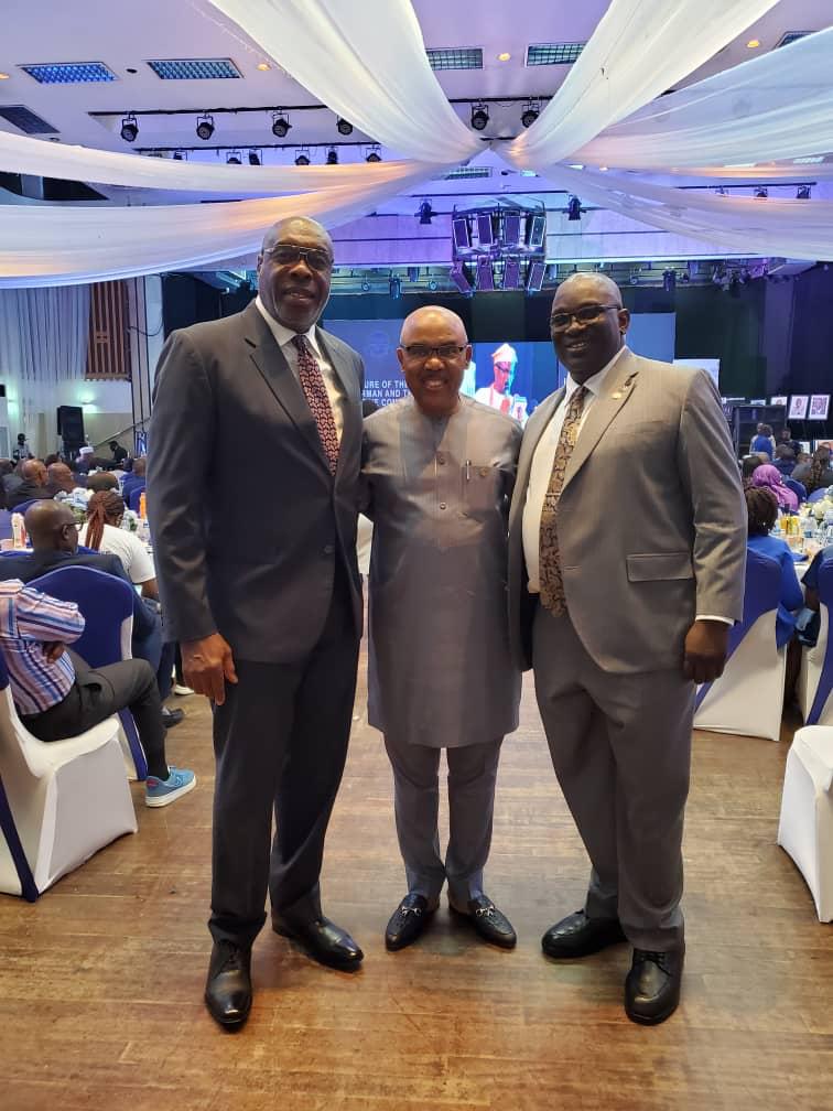 Gathering with industry titans at the investiture of ESV Gbenga Ismail, our 28th chairman at NIESV Lagos branch! 🌟 On the right, we have our Principal Partner, Mr. Joe Akhigbe, and on the far left, the esteemed Mr. Chudi Ubosi of @ubosieleh_co