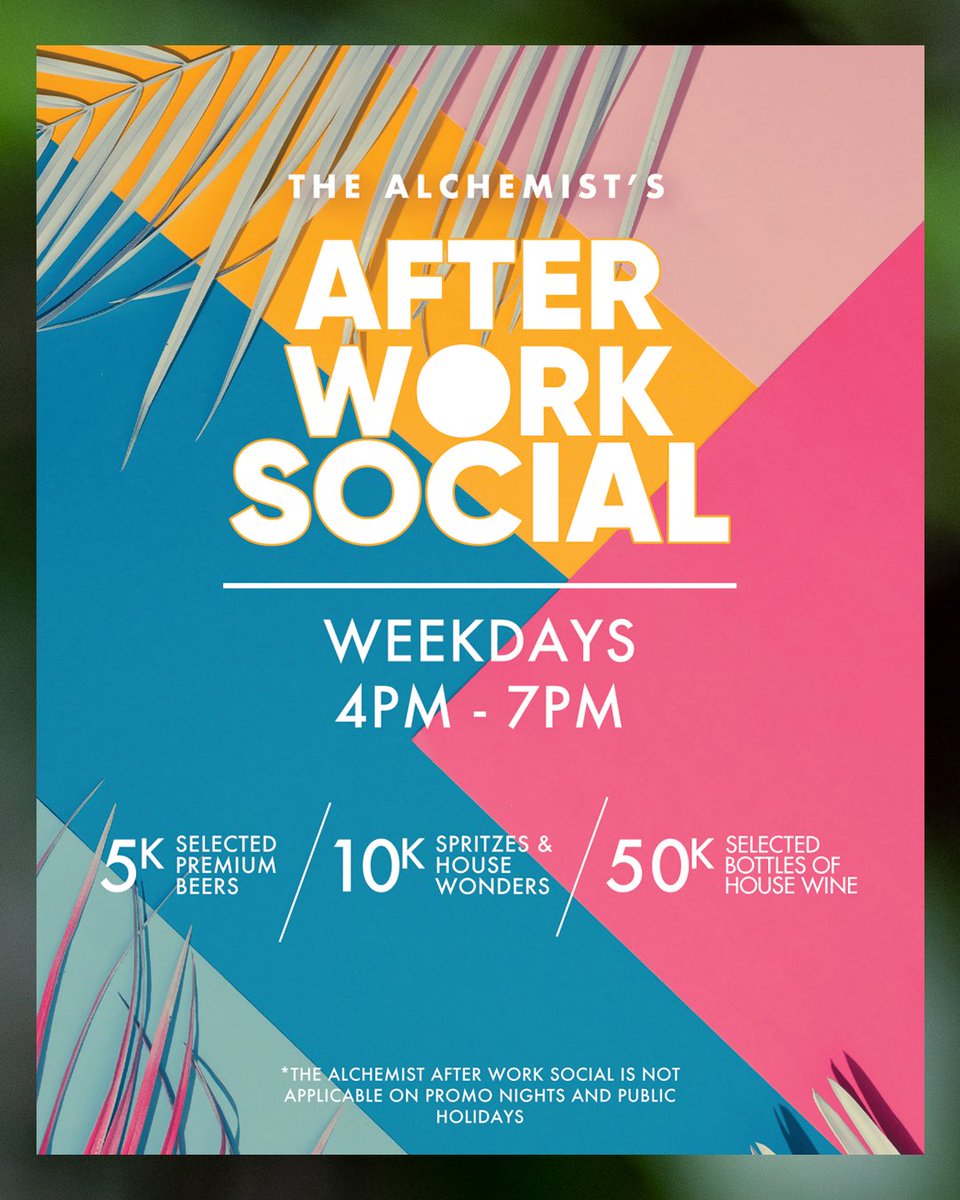 DEEJAYANSELM's tweet image. "Unwind like a boss at Alchemist! 🍹

🎉 Join us for an exclusive after-work social featuring discounts on premium beers and cocktails from 4pm to 7pm. 

Cheers to a fantastic evening! 🥂 #AfterWorkFun #AlchemistNights