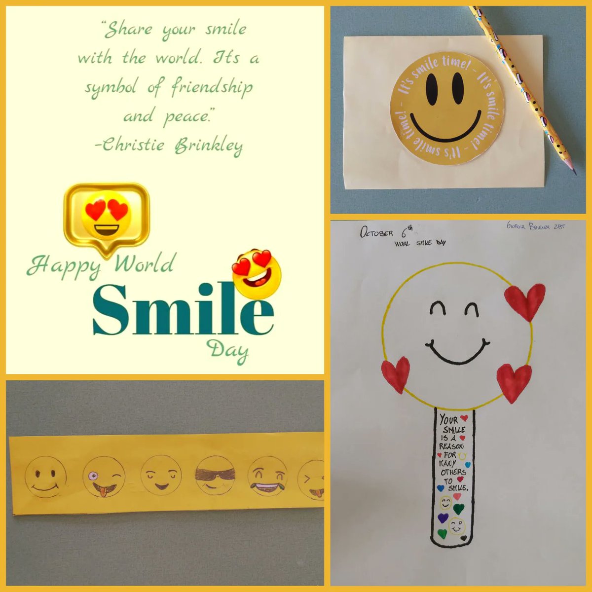 paolaiorio4's tweet photo. Today is #worldsmileday😊 ! A day to celebrate by drawing #smileyfaces, writing slogans to invite everyone to #smile, reading quotes about the importance of #smiling . Here are some drawings and objects by my students of II BT!
@IissEinaudi https://t.co/mEz7kqbyKB