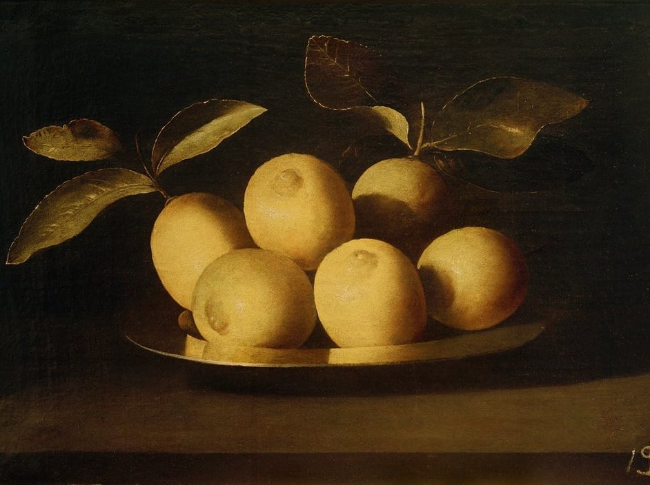 It seems I have more than a touch of the Zurbarans today.
This is another of his glorious still life paintings.
The simplicity of this, together with the drama of the lighting, make the fruit as monumental as a Michelangelo figure.

Lemons on a Silver Plate