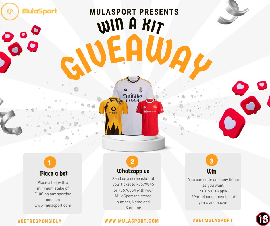 mula_sport's tweet photo. As we gear up for the weekend, remember that if you stake a minimum of E100 or more you stand a chance to win one of two football kits of your favourite team each worth E1500🥳. Simply send a screenshot of your ticket and full name to 78679845/ 78676564 to enter.💰

#Mulasport https://t.co/9nwxnsCclP