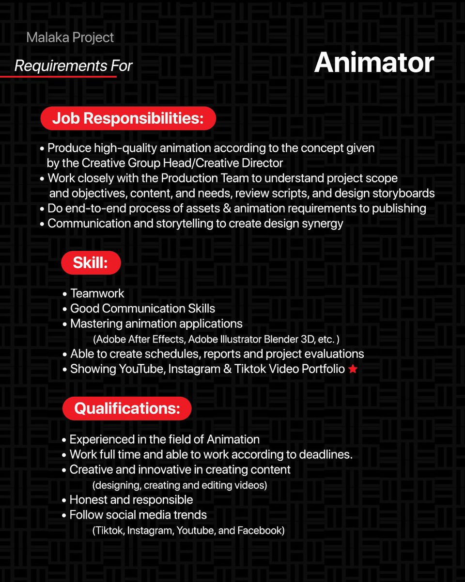 📣Malaka Memanggil📣

Malaka Project mencari #Animator   

Yuk kirim CV &amp; Portofolio kamu ke email rekrutmen@malakaproject.id
Cc: fellycia@malakaproject.id

Ayo jadi bagian tim Malaka Project✊🏻
#Loker #LokerJakarta