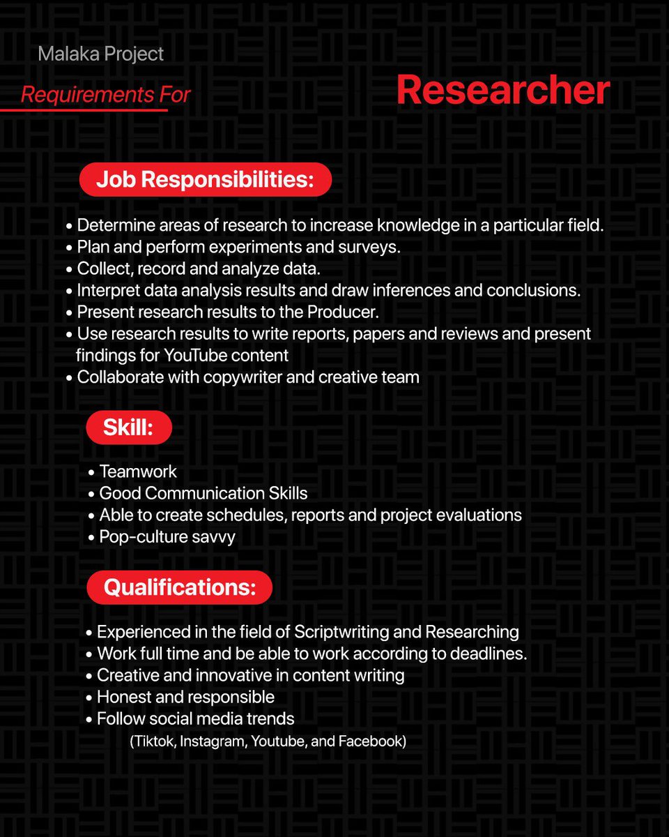 📣Malaka Memanggil📣

Malaka Project mencari #Researcher 

Yuk kirim CV &amp; Portofolio kamu ke email rekrutmen@malakaproject.id
Cc: fellycia@malakaproject.id

Ayo jadi bagian tim Malaka Project✊🏻
#Loker #LokerJakarta