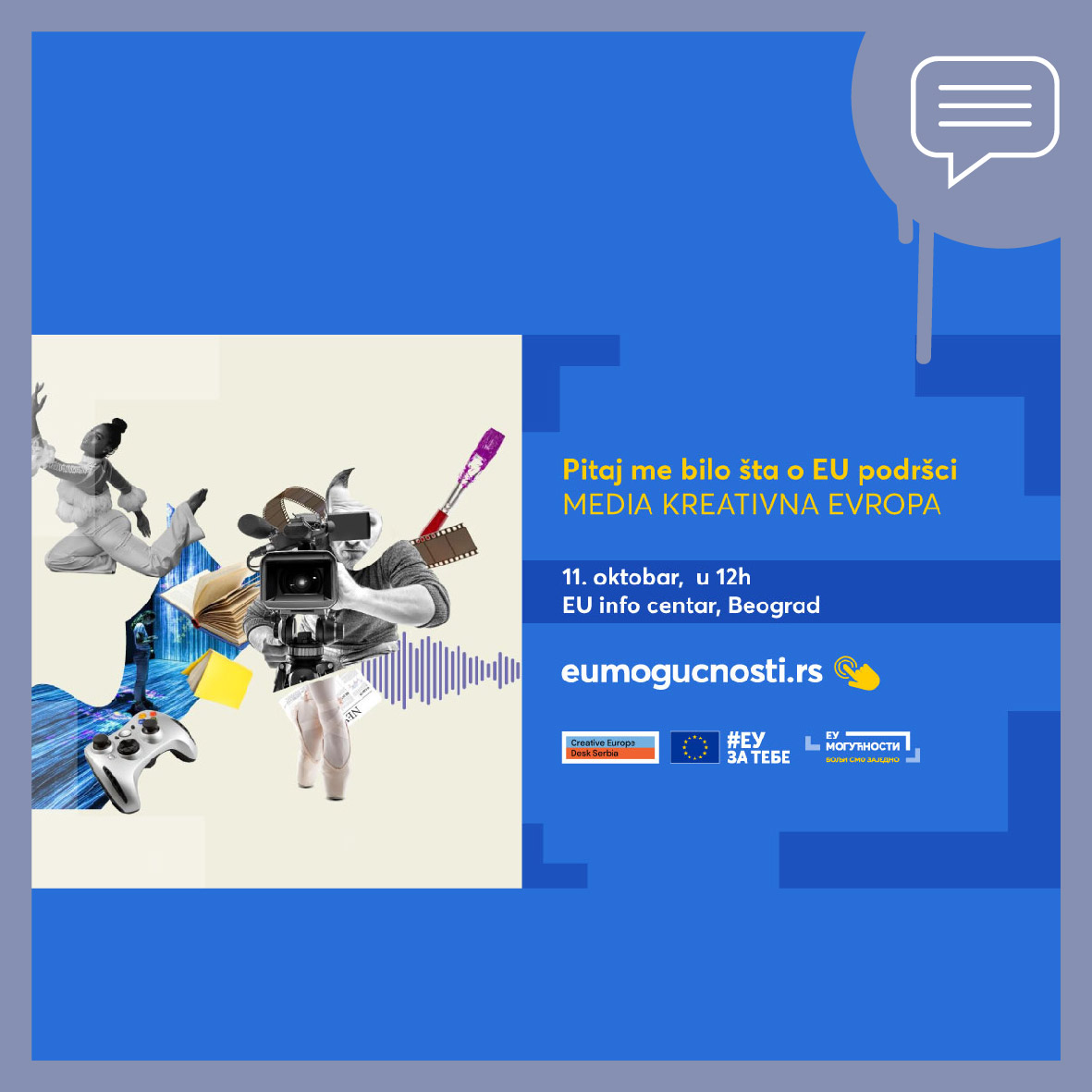 Pitajte bilo šta o 🇪🇺 EU podršci u okviru potprograma MEDIA Kreativne Evrope!
Iz prve ruke saznajte na koji način👇🏼 🎞️ Kako da znaš da je tvoja ideja spremna za MEDIA potprogram? 
Vidimo se 11. oktobra u 12h u EU info centru u Beogradu, Kralja Milana 7!

bit.ly/48H92cM