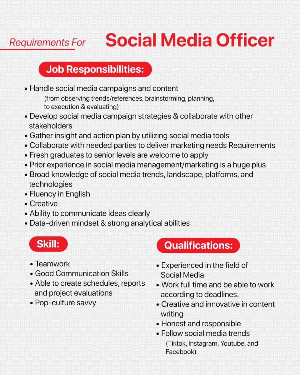 📣Malaka Memanggil📣

Malaka Project mencari #SocialMediaOfficer 

Yuk kirim CV &amp; Portofolio kamu ke email rekrutmen@malakaproject.id
Cc: fellycia@malakaproject.id

Ayo jadi bagian tim Malaka Project✊🏻
#Loker #LokerJakarta