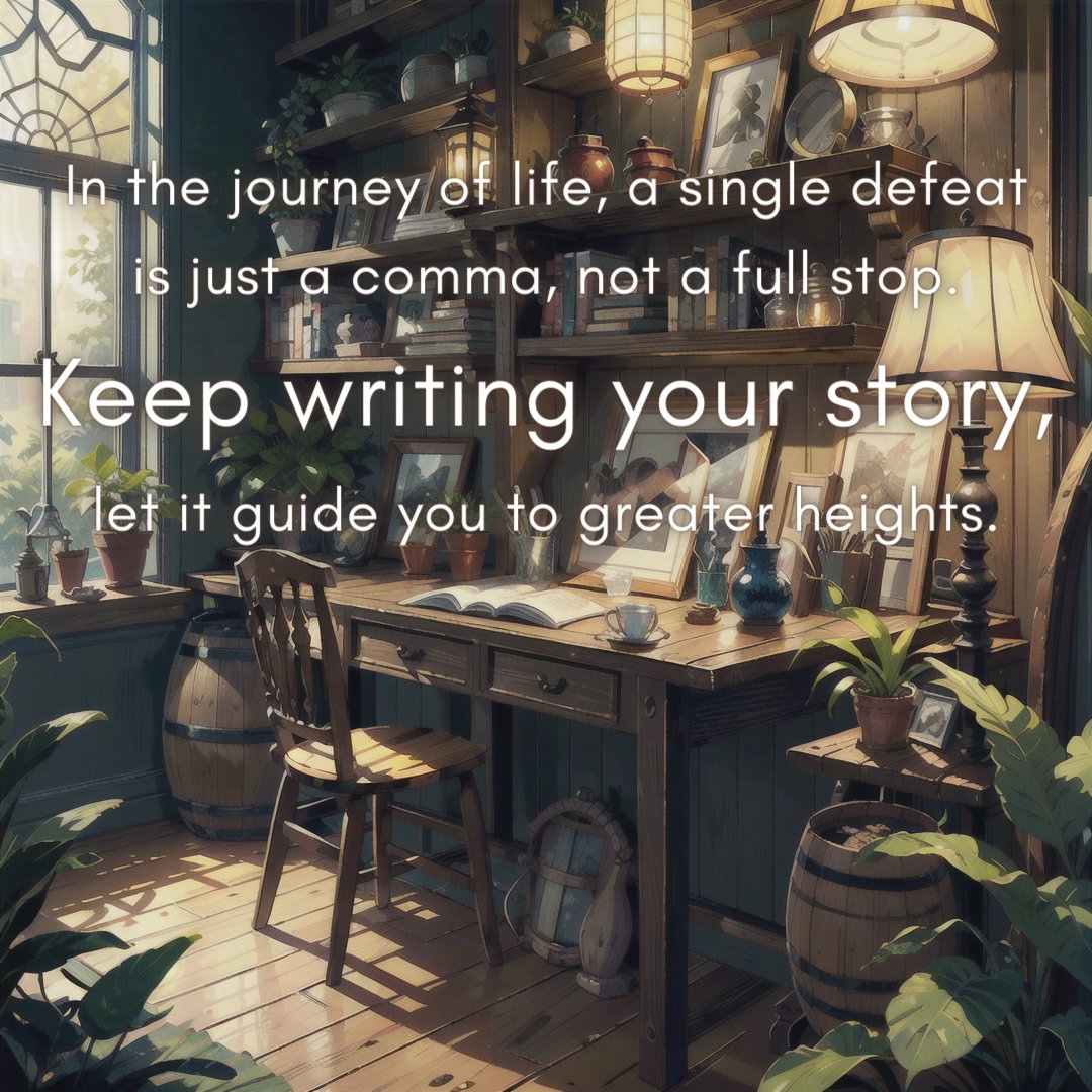 In the journey of life, a single defeat is just a comma, not a full stop. Keep writing your story, let it guide you to greater heights.

#FailureIsTemporary #KeepWriting #GreatnessAhead #RiseHigher #PaintYourSuccess #Resilience #WisdomGained #Success #Mindset #Motivation