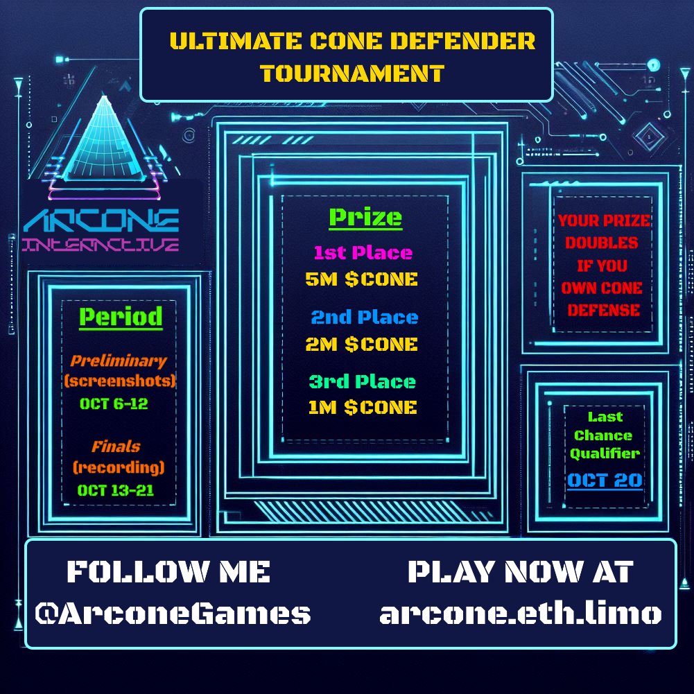 ArconeGames's tweet photo. $CONE tournament begins now! Submit your screenshots for a chance to win up to 10M #BitCones if you own a Cone Defense!
@BitCone_CONE @0xPolygon #NFTGames https://t.co/mtiYNSNkNp