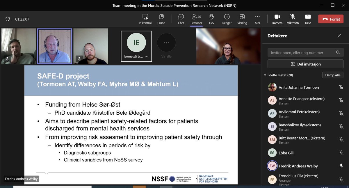 Dr. gradsprosjektet SAFE-D som vi er i gang med ble presentert for første gang - på et møte i Nordic Prevention of Suicide Research . Martin presenterte også resultater fra sitt drgradsprosjekt og Fredrik data fra Kartleggingssystemet. @NSSFKartlegging @martinomyhre @walby_a