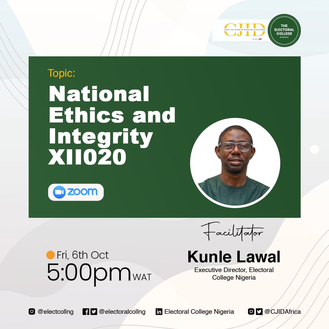 electoralcollng's tweet photo. Today on the #XIICohort of the #Politeracy and #Governance 

Topic: National Ethics &amp; Integrity 

Facilitator: @kunlelawal 

#Electoralcollng #TELAF #CJID https://t.co/mi5eEWML0w