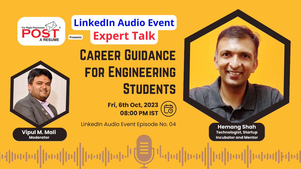🚀 Join us for an inspiring LinkedIn live audio session with Dr. Hemang Shah.
Explore career guidance for engineering students today at 8:00 pm IST. 
Mark your calendars! Join Now - linkedin.com/events/7115613… 
#LinkedInLive #EngineeringCareers #ExpertTalk #VipulTheWondeful