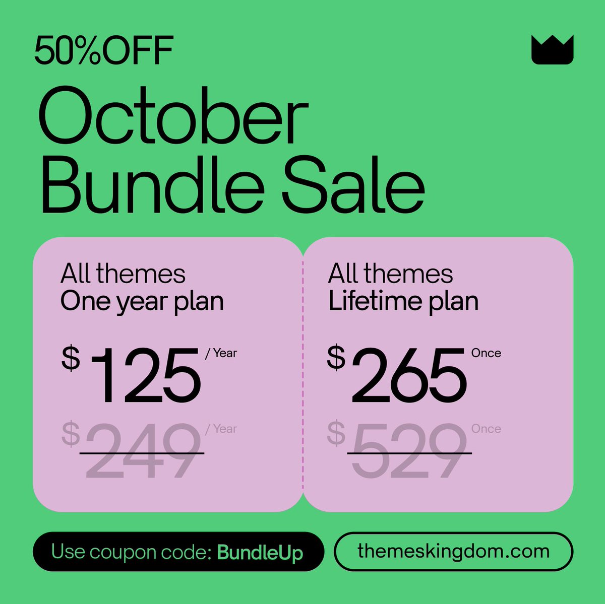 Who wants to wait for November for great deals when you can get them right now?

Get 50% off all Bundle options with code “BundleUp” 

To put things in perspective, that’s $2.22 per theme for our One year license, and $4.72 per theme for the Lifetime license.
