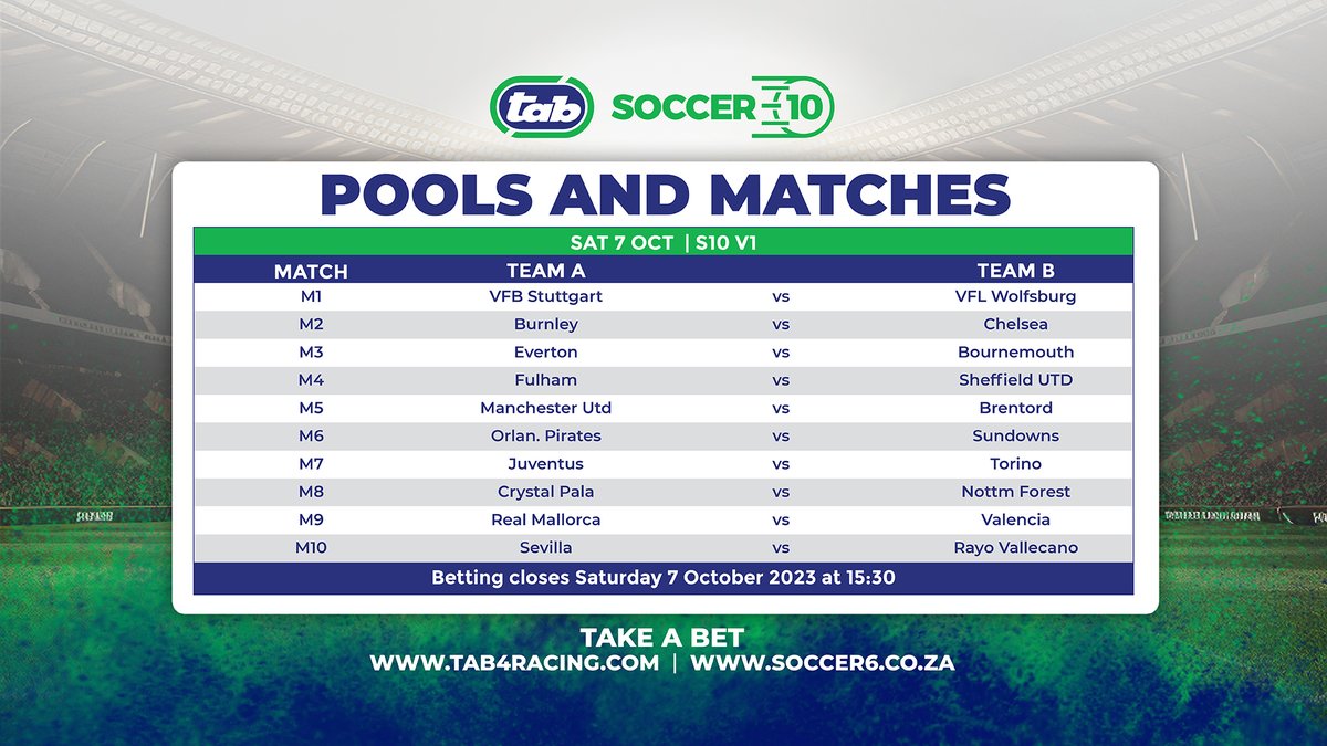 Soccer_Laduma's tweet image. Don't miss this weekend's incredible pools from Tab, with Soccer13 pool Guarantee: R40 000 000! 🤑

👉 Soccer 6 

#tabsoccerbet #soccer10 #soccer13