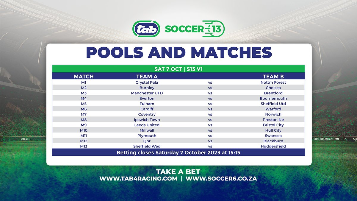 Soccer_Laduma's tweet image. Don't miss this weekend's incredible pools from Tab, with Soccer13 pool Guarantee: R40 000 000! 🤑

👉 Soccer 6 

#tabsoccerbet #soccer10 #soccer13