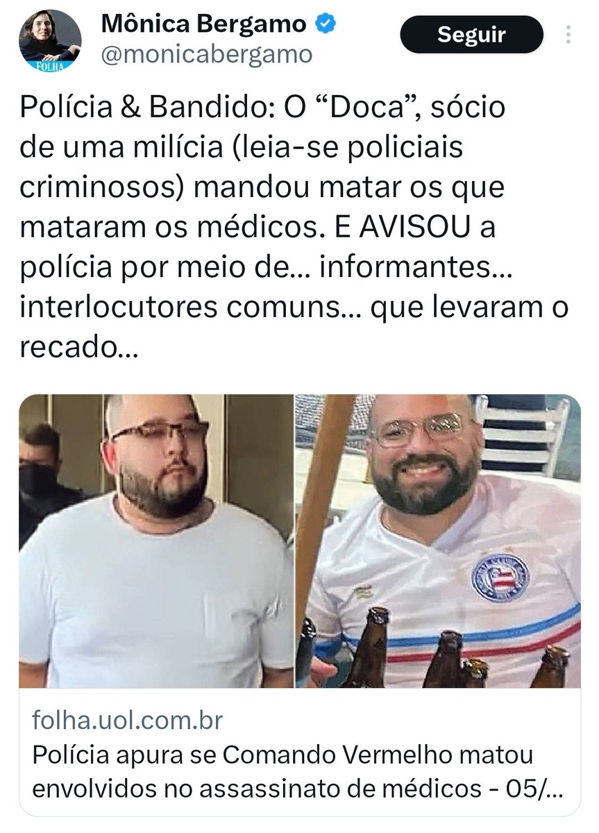 DanjelBigHouse's tweet photo. Parece Filme d Ficção Policial, mas não é 🔫

Os Chefes do Tráfico, fizerem 1 audiência d dentro do Complexo Penitenciário de Bangú, via Internet, p/decidir q os autores dos assassinatos dos médicos paulistas deveriam ser exterminados, pq confundiram os alvos, e possivelmente p/não deixarem pistas ou fazer delações.
O comando avisou as autoridades sobre a localização dos corpos, e a Globo noticiou.

Este é o Twitte 🤡