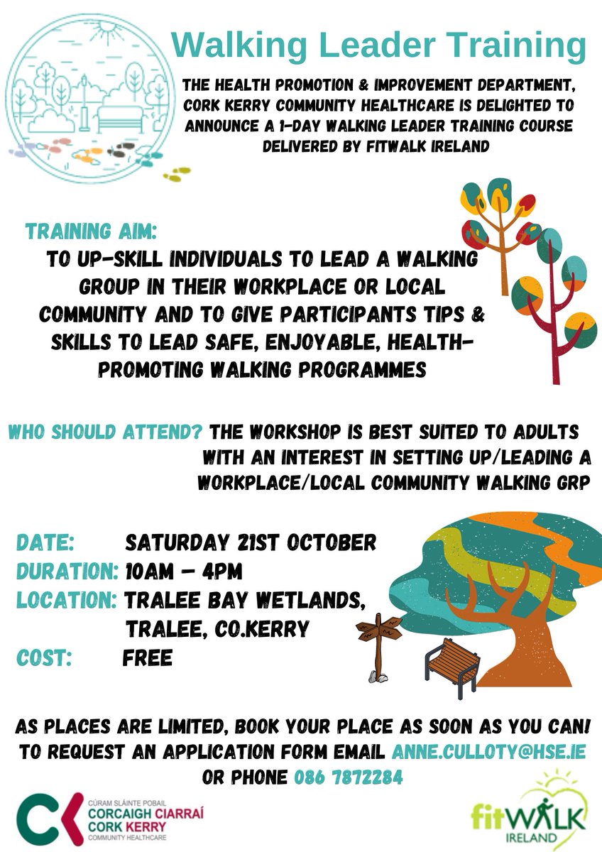 DesClare's tweet photo. Are you interested in setting up/leading a workplace/community walking group? @CorkKerryCKCH Health Promotion &amp; Improvement are delighted to offer a 1-day fitWALK Ireland Walking Leader Training course on the 21st October in the Wetlands, Tralee. Book your place today! https://t.co/cp1TFGXRQv