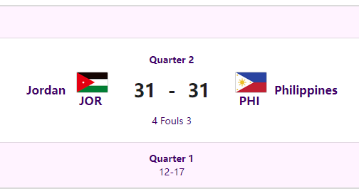 smartgilasph's tweet photo. Halftime: Gilas Pilipinas 31 Jordan 31

Brownlee 13, Kouame 6, Newsome 6, Thompson 4, Perez 2. https://t.co/iJ5WFgvnuO