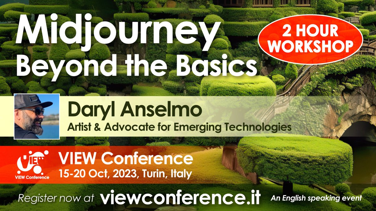 ViewConference's tweet photo. Join @ViewConference 2023 workshop Midjourney - Beyond the Basics by @darylanselmo, Artist and Director. Unlock generative AI's potential. 
📅 October 15th
⏰ 14:30 - 16:30 (CET)
📍 Turin, Italy, English
Signup: https://t.co/1w3jSOn2yw
#viewconference #midjourney #ai #vr #ar #xr https://t.co/UVjhtPTOsy