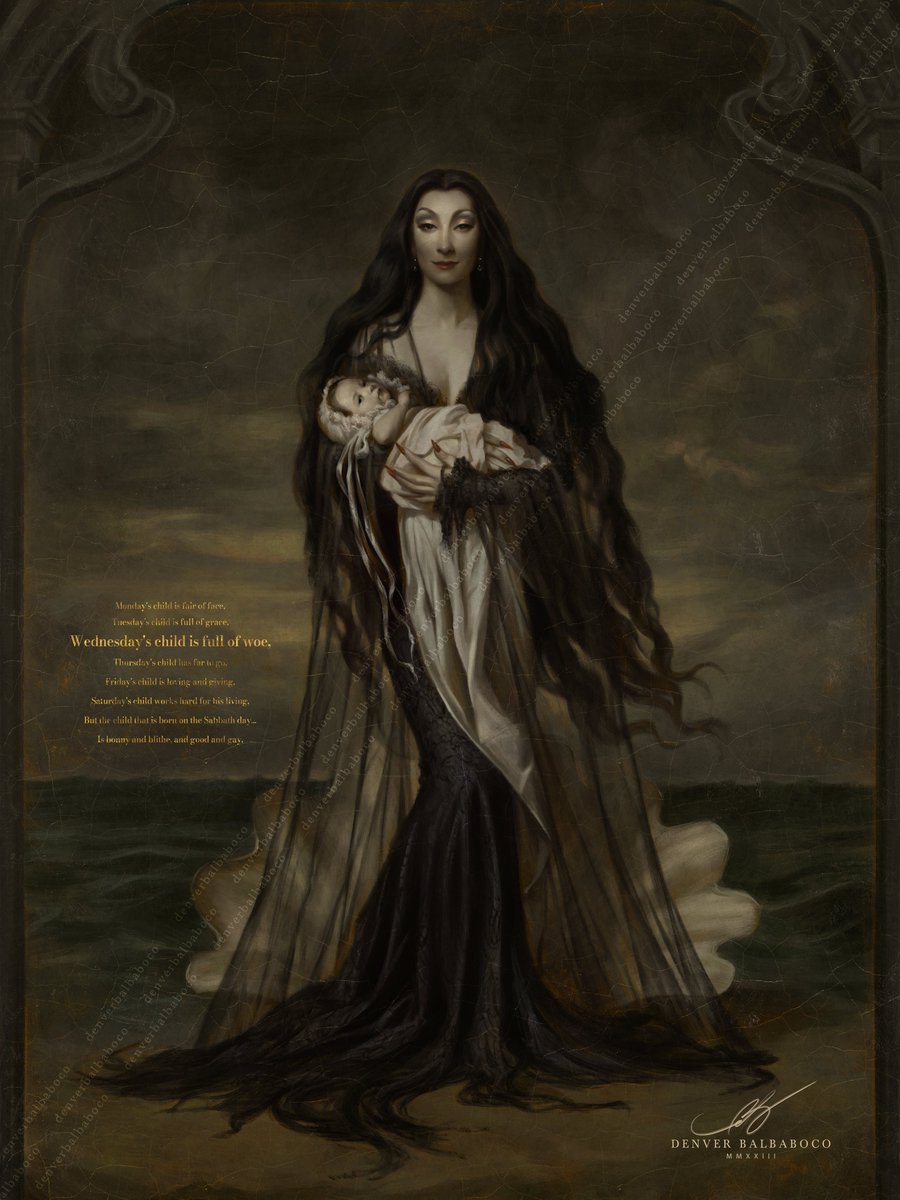 The birth of Wednesday Addams, the child of woe. Inspired by Boticelli's The Birth of Venus, and Madonna and Child.  

This is the second painting to my series depicting the life and times of the Addams Family.

#TheAddamsFamily #MorticiaAddams #WednesdayAddams