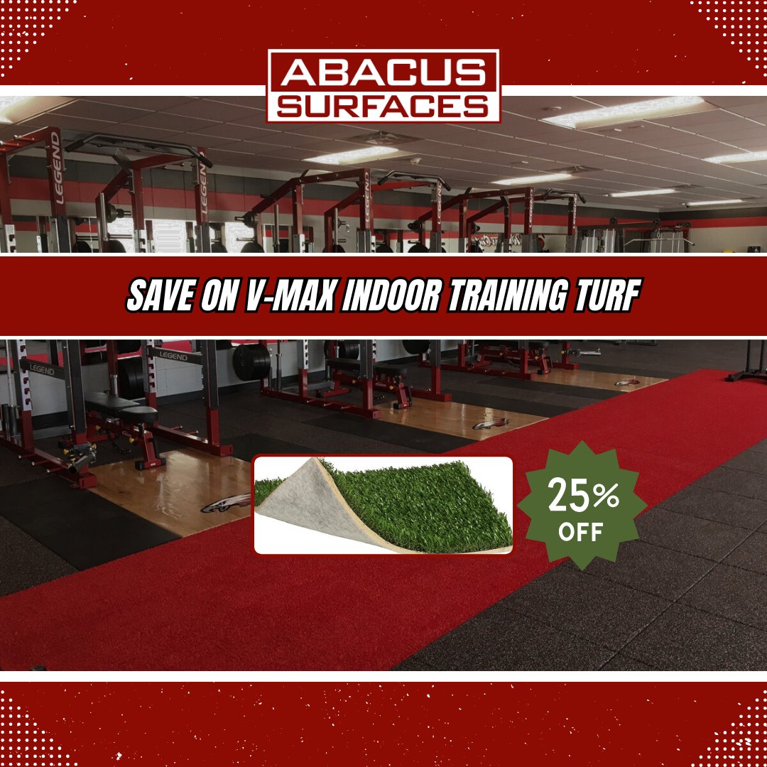 AbacusSurfaces's tweet image. Put the finishing touches on a multipurpose facility or home gym with V-Max indoor training turf! Save 25% off one order now with code GymTurf25 --&amp;gt; abacussurfaces.com/collections/at… #IndoorTurf #WeightRoom #SportsFlooring