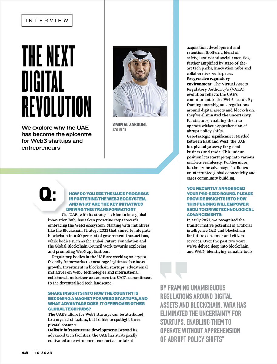 bedu_io's tweet photo. Our CEO, @AlZar3oni's interview with @GulfBusiness 

"As an Emirati enterprise steered by UAE Nationals, our vision extends beyond the present, setting our sights on a future where AI and Web3 Technologies are ubiquitously adopted" https://t.co/umPJgIN6wa