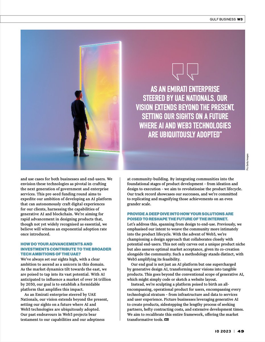 bedu_io's tweet photo. Our CEO, @AlZar3oni's interview with @GulfBusiness 

"As an Emirati enterprise steered by UAE Nationals, our vision extends beyond the present, setting our sights on a future where AI and Web3 Technologies are ubiquitously adopted" https://t.co/umPJgIN6wa