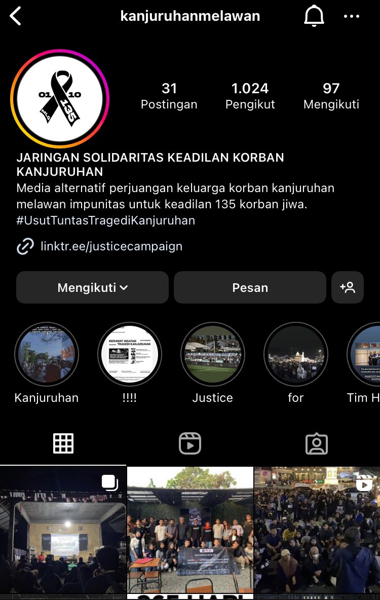 REMINDER! 

Untuk mendapatkan informasi terkait aktifitas perjuangan keluarga korban Tragedi Kanjuruhan, silahkan mengungjungi akun instagram JSSK di @kanjuruhanmelawan. 

Sebagai sumber utama yang menggaungkan kabar perjuangan mereka untuk menggalang kekuatan.