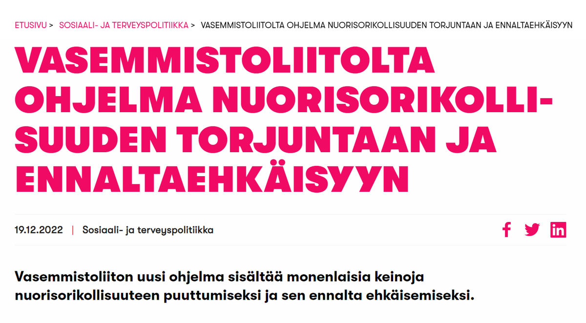 Niin, <a href="/vasemmisto/">Vasemmistoliitto</a> on "hyssytellyt" #Nuorisorikollisuus-asiaa julkaisemalla jo viime joulukuussa sitä koskevan #Tutkimustieto-pohjaisen ohjelman.
Mutta ilmeisti vain tutkimustiedon vastainen #Populismi kelpaa asiasta puhumiseksi...  

vasemmisto.fi/vasemmistoliit…