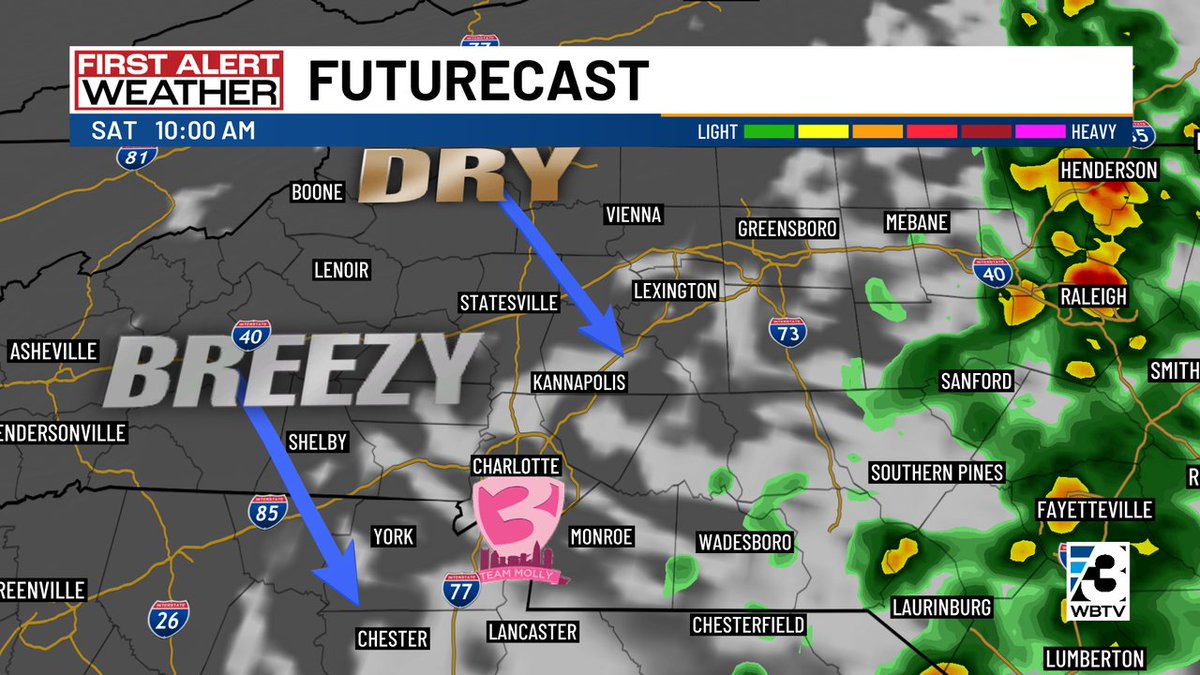AlConklin's tweet photo. Based on the latest @wbtv_news FUTURECAST data, rain will be gone & clouds breaking around #CLT just in time for the #PinkCupcakeWalk Saturday morning! Walkers may want to throw a jacket on with your t-shirt over it...cool breeze will pick up. #TeamMolly @MollyGrantham https://t.co/XJdYWHlPyi
