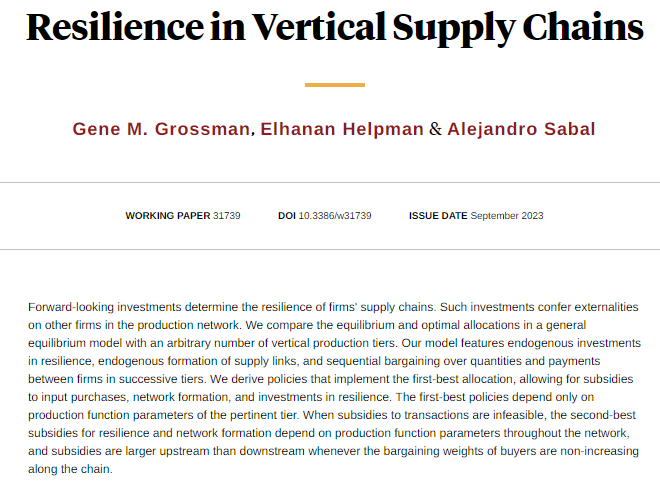 Supply chain disruptions are the new (ab)normal. Firms may invest in their own resilience and in the breadth of their supply networks. Questioning if private and social incentives are aligned, from <a href="/genemgrossman/">Gene Grossman</a>, <a href="/ElhananHelpman/">Elhanan Helpman</a>, and <a href="/sabalalejandro/">Alejandro Sabal</a> nber.org/papers/w31739