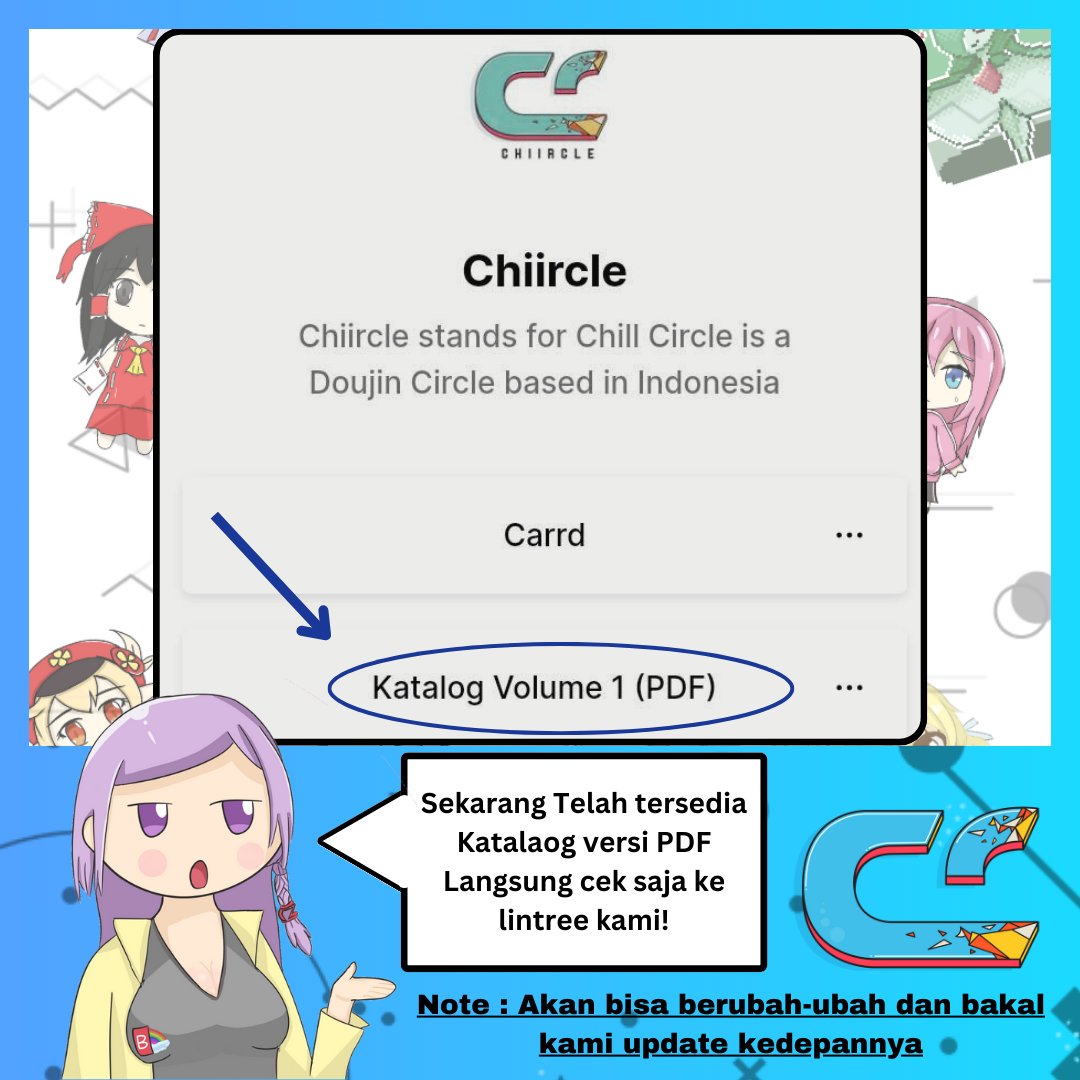 chiircle's tweet photo. 「Chiircle Catalogs」

Ya halo semuanya
Hari ini mimin cuman nginfoin aja kalau katalog sebelumnya sudah tersedia dalam bentuk PDF.

Jadi gitu aja, stay tune buat katalog baru kedepannya ya!

(maaf desain jelek, mimin lagi capek aslinya XD)
#doujin #catalogs #chiircle #chiru https://t.co/vJweLRSnnI