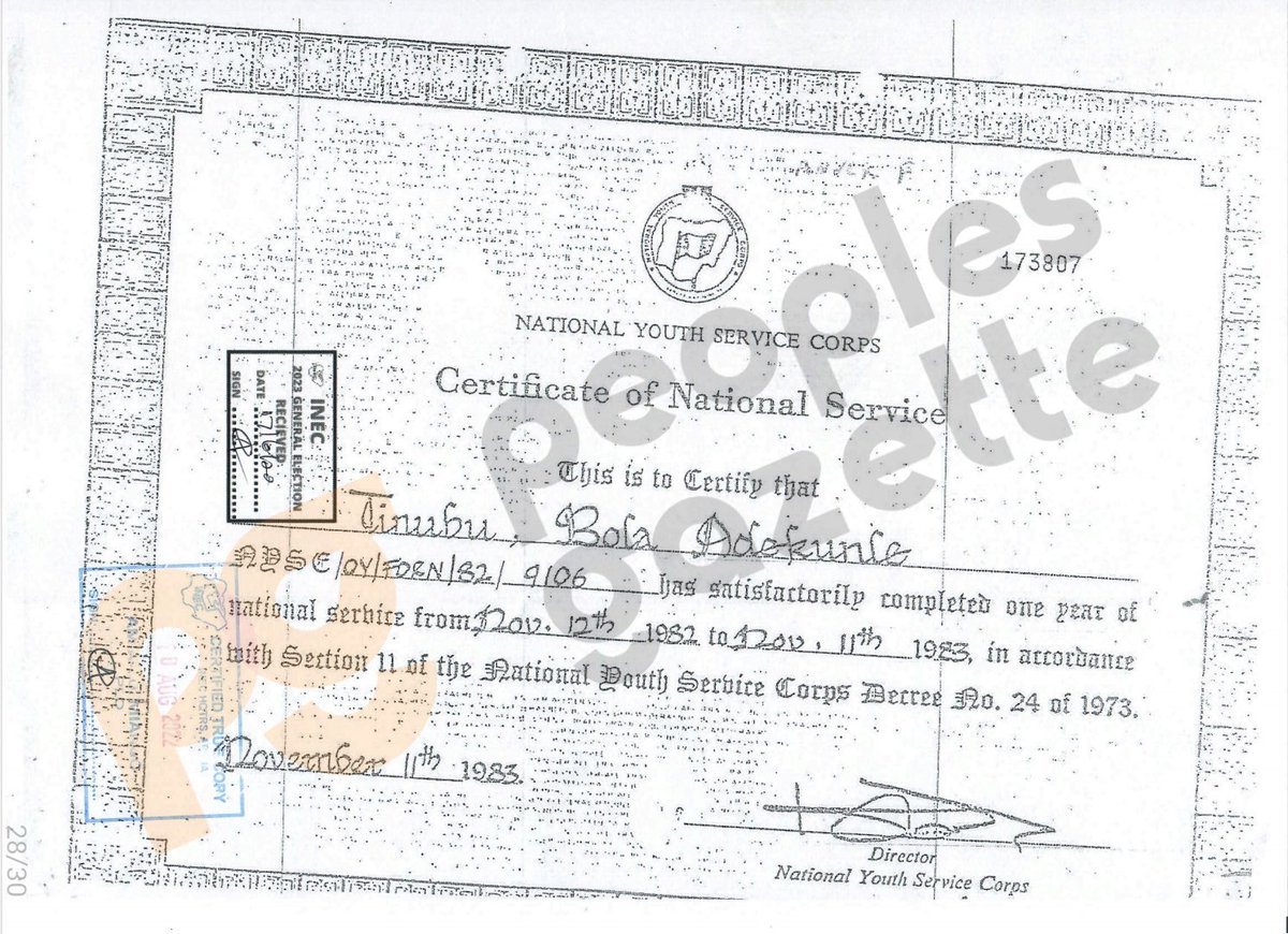 To run for president, Bola Tinubu submitted a youth service certificate that spelt out his full name as Bola Adekunle Tinubu to INEC on June 17, 2022.

At deposition this week, Chicago State University said its position that President Bola Ahmed Tinubu was its former student was