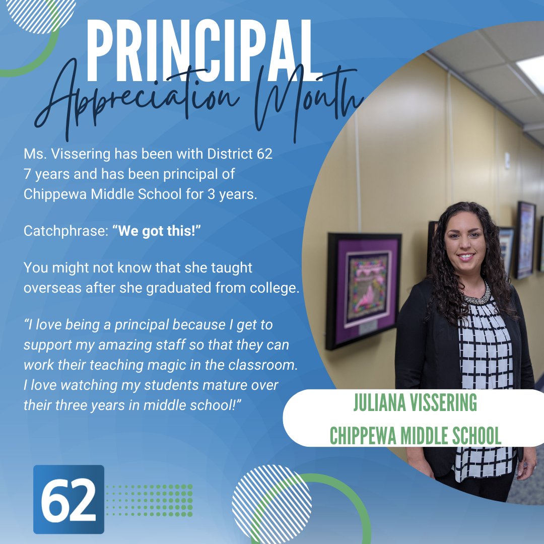62schools's tweet photo. Thank you to Chippewa Middle School Principal Juliana Vissering for all that you do for the students and staff of CMS! District 62 appreciates you! #62learns #62united #62CMS https://t.co/ofTMNMMb91