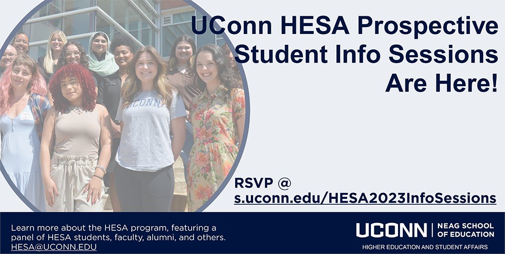 UConnHESA's tweet image. The next HESA master's program prospective student info session will be on Tues. 10/10 at 6pm ET! Visit hesa.uconn.edu/application-pr… to learn more or register! #studentaffairs #sachat