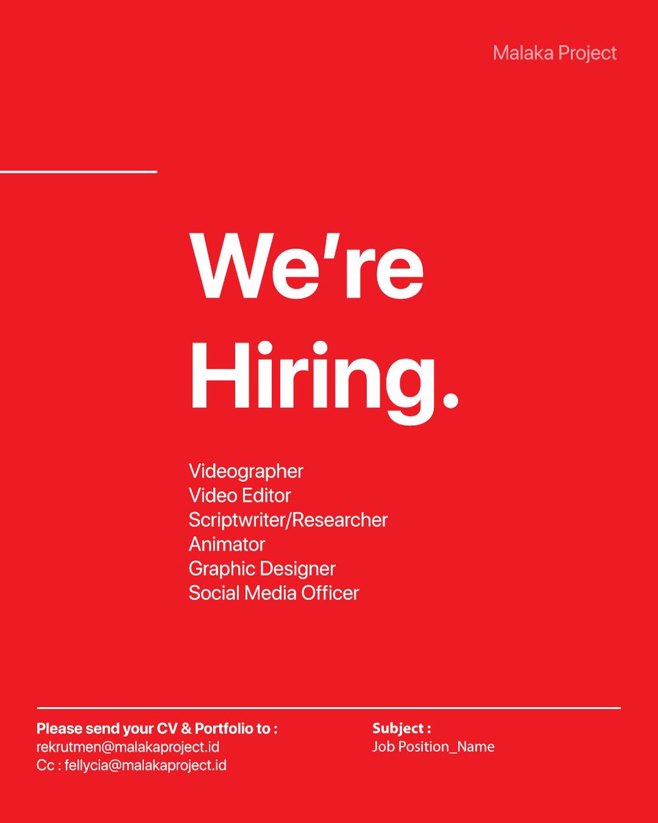📣Malaka Memanggil📣

Malaka Project mencari #VideoGrapher #VideoEditor #ScriptWriter #Animator #GraphicDesigner #SMO 

Yuk kirim CV &amp; Portofolio kamu ke email rekrutmen@malakaproject.id
Cc: fellycia@malakaproject.id

Ayo jadi bagian tim Malaka Project✊🏻
#Loker #LokerJakarta