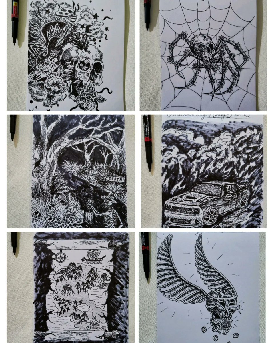 So I survived the first 6 days of Inktober😂
Any favourite you got among them(1,2,3,4,5,6)?
#inktober2023 #inktober  #art #artistsontwitter #lineart #artlovers #penartist  #artsupport  #inkartwork #skeletonart #skull