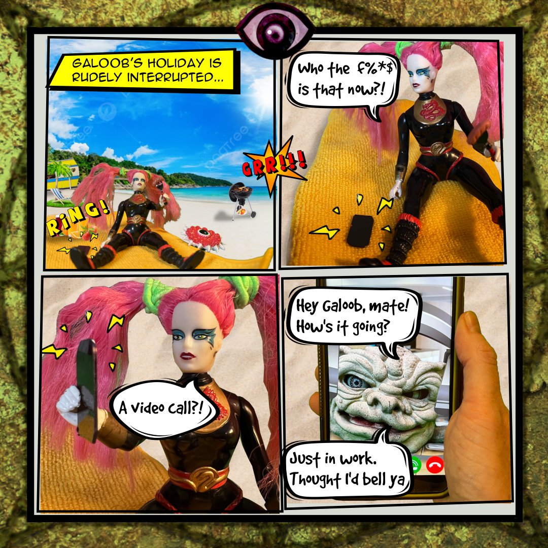 ProVomitTV's tweet photo. 🔍📱 Galoob's Quest Update! 📱🔍 Galoob's beach day takes a twist with a Boglin tip. See the images for the latest in her quest. 🌊🔮 Halloween stream 29th Oct! Submit your entries. Details in bio. #GaloobsHalloweenQuest #comicstrip #galoob https://t.co/nLsCgvOqPU