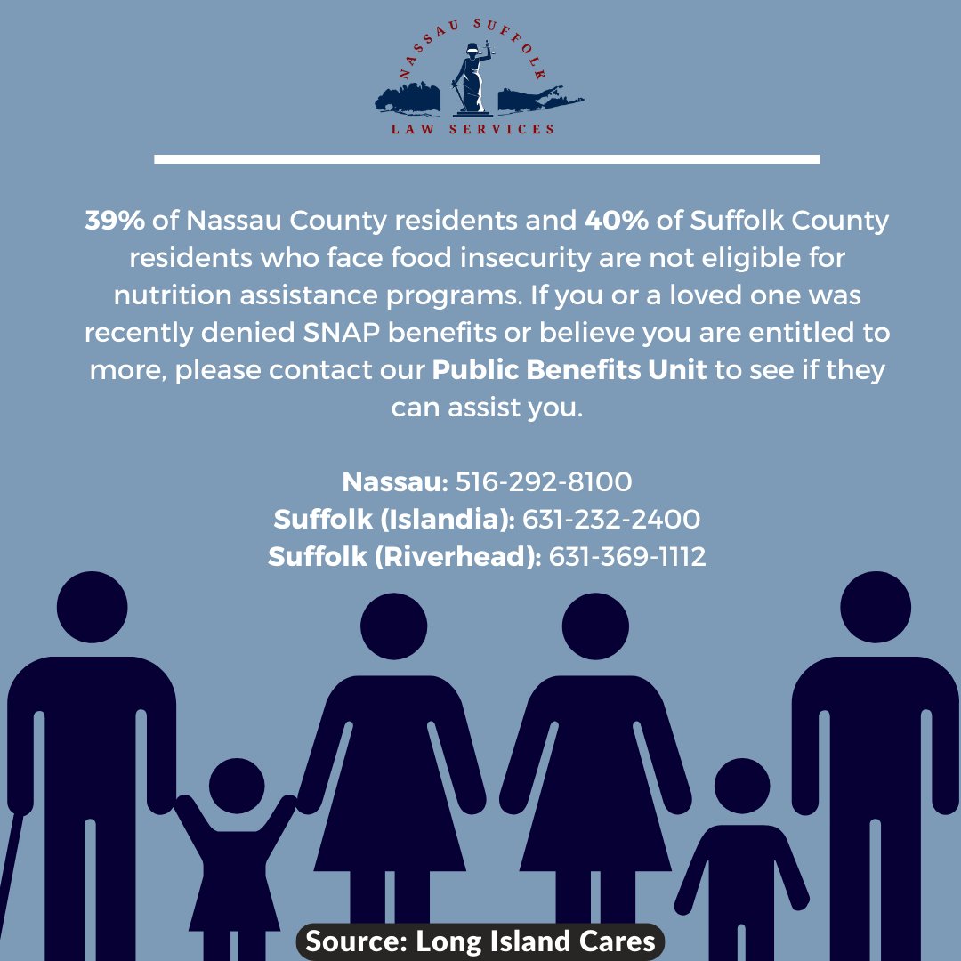LegalServicesLI's tweet photo. Food insecurity is on its high as inflation rates go up. 2.7% of Long Islanders face challenges in securing enough food for the family. If you or a loved one struggle with obtaining SNAP benefits, please contact our Public Benefits Unit to see if they can assist you. https://t.co/2GpP5snleR