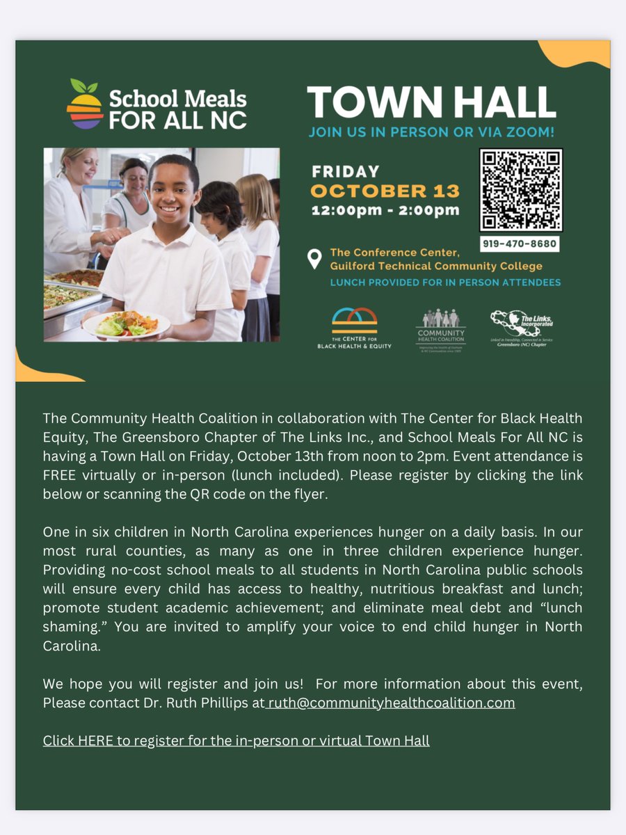chealthc's tweet photo. REMINDER: Join the School Meals For All NC Town Hall Friday, October 13, 2023 virtually or in person! Link to register - https://t.co/RcOfwajRAP https://t.co/vZjooycF4o
