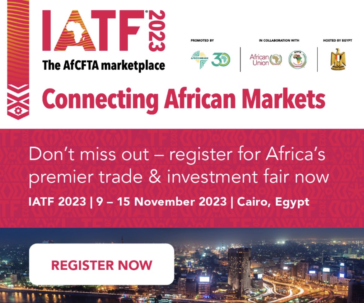 #IATF2023 is only 34 days away. Registration closes on the 15th of October. All AfCFTA stakeholders are invited to join us in Cairo, Egypt! Tap the link below to access the registration portal. 

web.cvent.com/event/2c16a9fa…