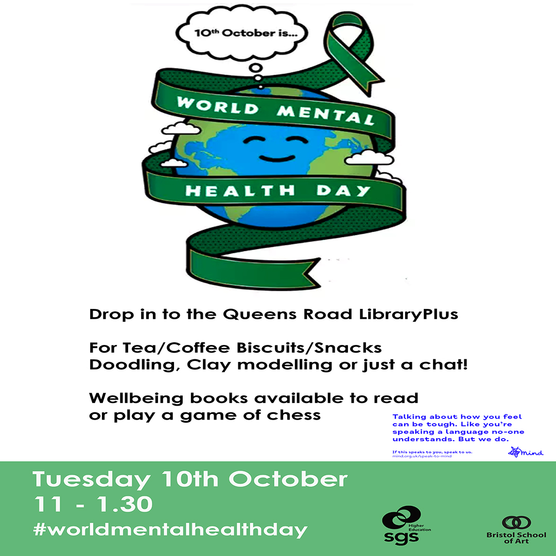 SGSLibraryPlus's tweet photo. Next week in Queens Road LibraryPlus. Marking World Mental Health Day on Tuesday 10th October with a visit from our Wellbeing Officer Jane. Repeating the whole thing again on Thursday 12th 'Mindfulness Day'. Drop in for tea, coffee, snacks and chats https://t.co/8LzuNi2OYB