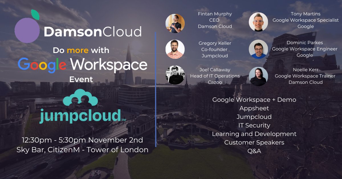 💜 Feel Good Friday! 💜

Event announcement - London Event November 2nd

Join us on November 2nd in London for our “Do More with Google Workspace” event.

events.damsoncloud.com

#damsoncloud #londonevent #googleworkspace #jumpcloud #appsheet #google #citizenm #networking