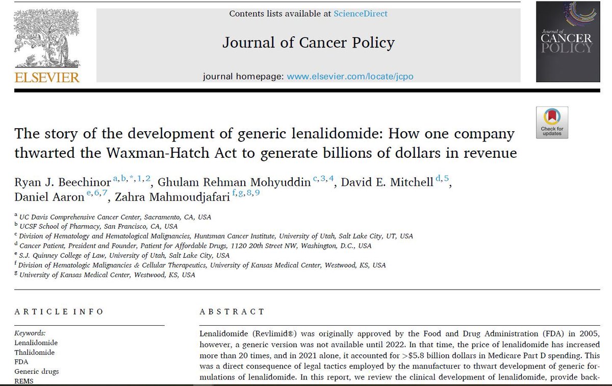 This was a long time coming, fantastic collab between @ManniMD1 @kczmj @DavidP4AD and @MedlawDan “The story of the development of generic lenalidomide: How one company thwarted the Waxman-Hatch Act to generate billions of dollars in revenue” pubmed.ncbi.nlm.nih.gov/37777010/